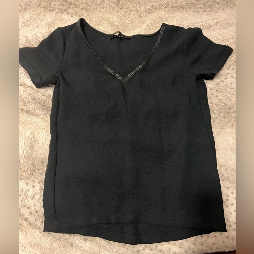 Maje Black Short Sleeve V-Neck Top